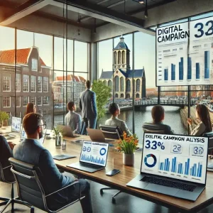 Analyse Van Digitale Campagnes Bij Een Online Marketing Bureau Groningen. De Scène Toont Een Team Dat Statistieken En Prestaties Beoordeelt