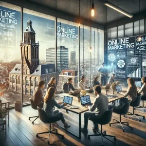 Brainstormsessie Bij Een Online Marketing Bureau Groningen, Nederland. De Scène Toont Een Modern Kantoor Met