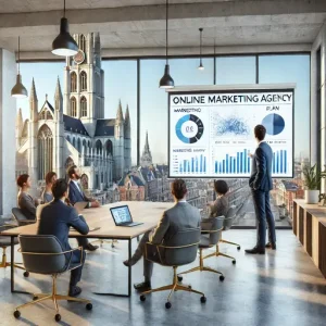 Client Presentatie Bij Een Online Marketing Bureau Antwerpen. De Scène Toont Professionals Die Een Marketingplan Presenteren Op Een La