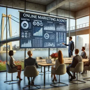 Client Presentatie Bij Een Online Marketing Bureau Arnhem. De Scène Toont Professionals Die Een Marketingplan Presenteren Op Een Lar