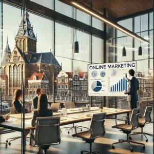 Client Presentatie Bij Een Online Marketing Bureau Groningen. De Scène Toont Professionals Die Een Marketingplan Presenteren Met