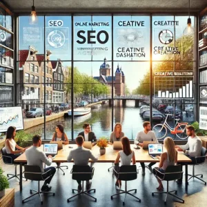 Online Marketing Bureau Amsterdam Gericht Op Seo En Contentcreatie. De Scène Toont Een Team Dat Werkt Op Laptops En Di