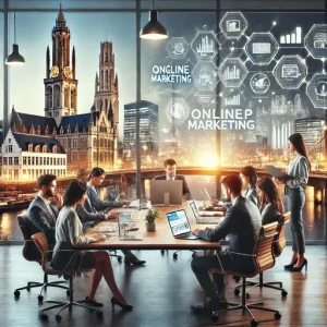 Online Marketing Bureau Antwerpen, België. De Scène Toont Een Modern Kantoor Met Een Team Dat Samenwerkt Aan Digitale