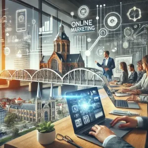 Online Marketing Bureau Arnhem, Nederland. De Scène Toont Een Modern Kantoor Met Een Team Dat Samenwerkt Aan Digi