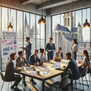 Strategievergadering Bij Een Online Marketingbureau Antwerpen. De Scène Toont Een Divers Team Dat Marketingdoelen Bespreekt Met Ch