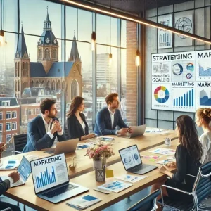 Strategievergadering Bij Een Online Marketingbureau Arnhem. De Scène Toont Een Divers Team Dat Marketingdoelen Bespreekt Met Cha