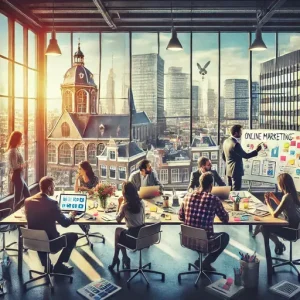 Teamwork Bij Een Online Marketing Bureau Amersfoort. De Scène Toont Professionals Die Brainstormen Rond Een Tafel Met Laptops, St