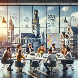 Teamwork Bij Een Online Marketing Bureau Antwerpen. De Scène Toont Professionals Die Brainstormen Rond Een Tafel Met Laptops, Stick