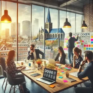 Teamwork Bij Een Online Marketing Bureau Arnhem. De Scène Toont Professionals Die Brainstormen Rond Een Tafel Met Laptops, Sticky