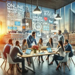 Teamwork Bij Een Online Marketingbureau Groningen. De Scène Toont Professionals Die Samenwerken Rond Een Tafel, Brainstormen Over Id