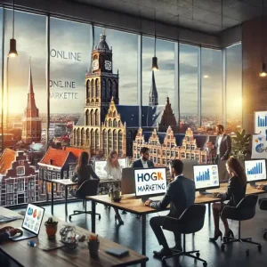 Vertegenwoordigt Een Online Marketing Bureau Groningen, Nederland. De Scène Toont Een Modern Kantoor Met Een Team Dat Samenwerkt Aan D