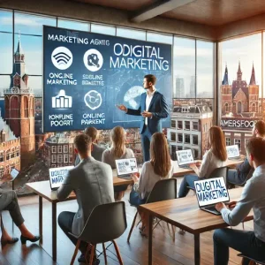 Workshop Digitale Marketing Bij Een Online Marketing Bureau Amersfoort. De Scène Toont Een Trainer Die Strategieën Uitlegt Op Een La