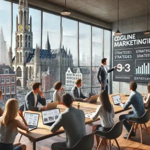 Workshop Digitale Marketing Bij Een Online Marketing Bureau Antwerpen. De Scène Toont Een Trainer Die Strategieën Uitlegt Op Een Groot