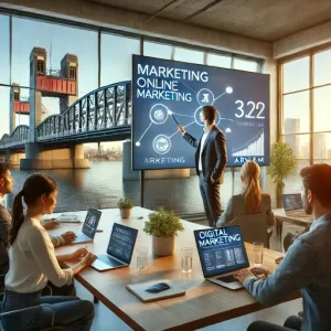 Workshop Digitale Marketing Bij Een Online Marketing Bureau Arnhem. De Scène Toont Een Trainer Die Strategieën Uitlegt Op Een Groot