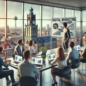 Workshop Digitale Marketing Bij Een Online Marketing Bureau Groningen. De Scène Toont Een Trainer Die Marketingtools Uitlegt Aan