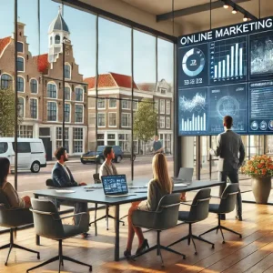 Klantpresentatie Bij Een Online Marketing Bureau Alkmaar. De Scène Toont Professionals Die Een Marketingplan Presenteren Op Een La
