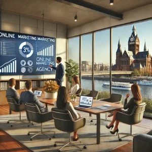 Klantpresentatie Bij Een Online Marketing Bureau Alphen Aan Den Rijn. De Scène Toont Professionals Die Een Marketing