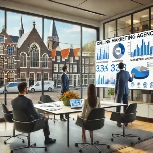 Klantpresentatie Bij Een Online Marketing Bureau Amersfoort. De Scène Toont Professionals Die Een Marketingplan Presenteren Op Een