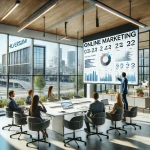 Klantpresentatie Bij Een Online Marketing Bureau Hilversum. De Scène Toont Professionals Die Een Marketingplan Presenteren Op Een