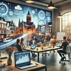 Online Marketing Bureau Alkmaar, Nederland. De Scène Toont Een Modern Kantoor Met Een Team Dat Samenwerkt Aan Dig