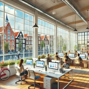 Online Marketing Bureau Almelo, Nederland. Deze Afbeelding Moet Een Lichte, Open Kantoorruimte Tonen Met Teamleden W