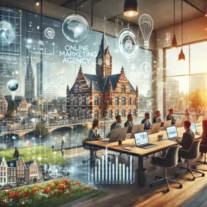 Online Marketing Bureau Alphen Aan Den Rijn, Nederland. De Scène Toont Een Modern Kantoor Waar Een Team Samenwerkt