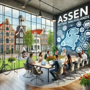 Online Marketing Bureau Assen, Nederland. De Afbeelding Moet Een Collaboratieve Vergaderruimte Met Een Moderne Inrichting Laten Zien,