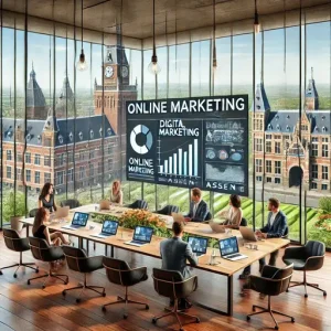 Online Marketing Bureau Assen, Nederland. Deze Afbeelding Moet Een Professionele Vergaderruimte Met Grafieken, Laptop