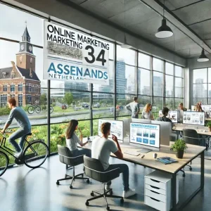 Online Marketing Bureau Assen, Nederland. Deze Afbeelding Toont Een Dynamische Werkruimte Met Werknemers Die Werken Aan Creatieve