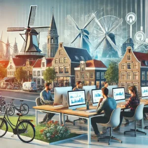 Online Marketing Bureau Brabant, Nederland. De Afbeelding Moet Een Moderne Kantooromgeving Met Nederlandse Architectuur Tonen