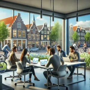 Online Marketing Bureau Emmen, Nederland. De Afbeelding Benadrukt Een Dynamische Werkruimte Met Teamleden Die Stra