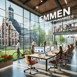 Online Marketing Bureau Emmen, Nederland. De Afbeelding Moet Een Moderne Kantooromgeving Tonen Met Mensen Die Samenwerken