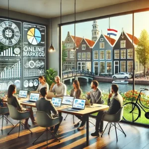 Online Marketing Bureau Emmen, Nederland. Deze Afbeelding Moet Een Collaboratieve Vergaderruimte Tonen Met Laptops, Grafieken, Een
