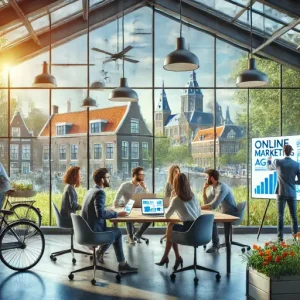 Online Marketing Bureau Emmen, Nederland. Deze Afbeelding Toont Een Creatief Kantoorinterieur Met Teamleden Die Brainstormen