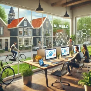 Online Marketingbureau Almelo, Nederland. De Afbeelding Moet Een Moderne Kantoorruimte Bevatten Met Een Team Dat Samenwerkt