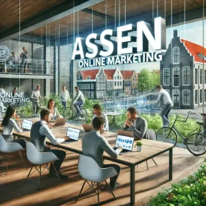 Online Marketingbureau Assen, Nederland. De Afbeelding Moet Een Moderne Werkplek Tonen Met Personen Die Op Schoot Werken