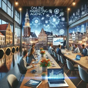 Online Marketingbureau Leeuwarden, Nederland. De Scène Toont Een Modern Kantoor Met Een Team Dat Samenwerkt Aan