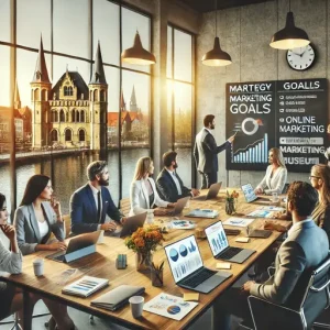 Strategiebijeenkomst Bij Een Online Marketing Bureau Alphen Aan Den Rijn. De Scène Toont Een Divers Team Dat Marketing G Bespreekt