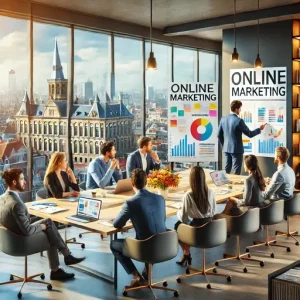 Strategievergadering Bij Een Online Marketing Bureau Apeldoorn. De Scène Toont Een Divers Team Dat Marketingdoelen Bespreekt Met