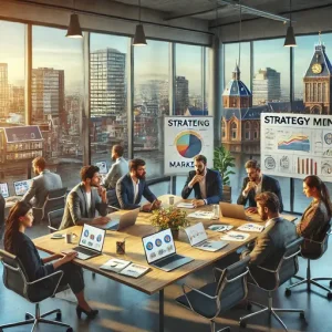 Strategievergadering Bij Een Online Marketing Bureau Leeuwarden. De Scène Toont Een Divers Team Dat Marketingdoelen Bespreekt Met