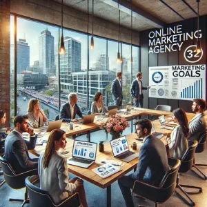 Strategievergadering Bij Een Online Marketingbureau Hilversum. De Scène Toont Een Divers Team Dat Marketingdoelen Bespreekt Met