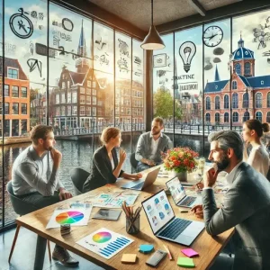 Teamwork Bij Een Online Marketing Bureau Alkmaar. De Scène Toont Professionals Die Brainstormen Rond Een Tafel Met Laptops, Stick
