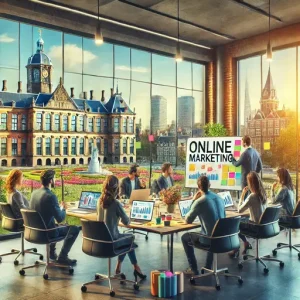Teamwork Bij Een Online Marketing Bureau Apeldoorn. De Scène Toont Professionals Die Brainstormen Rond Een Tafel Met Laptops, Sti