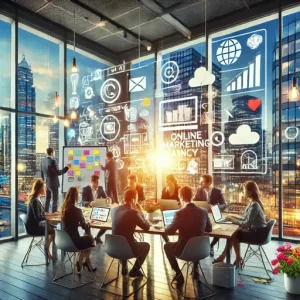 Teamwork Bij Een Online Marketing Bureau Hilversum. De Scène Toont Professionals Die Brainstormen Rond Een Tafel Met Laptops, Sti