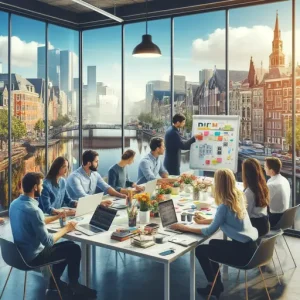 Teamwork Bij Een Online Marketingbureau Alphen Aan Den Rijn. De Scène Toont Professionals Die Brainstormen Rond Een Tafel Met La