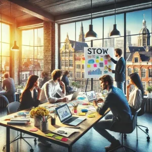 Teamwork Bij Een Online Marketingbureau In Leeuwarden. De Scène Toont Professionals Die Brainstormen Rond Een Tafel Met Laptops, St
