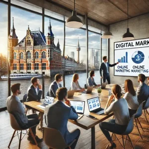 Workshop Digitale Marketing Bij Een Online Marketing Bureau Alphen Aan Den Rijn. De Scène Toont Een Trainer Die De Strategie Uitlegt