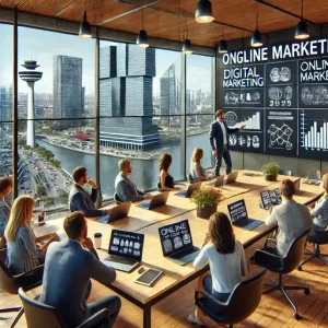 Workshop Digitale Marketing Bij Een Online Marketing Bureau Hilversum. De Scène Toont Een Trainer Die Strategieën Uitlegt Op Een Lar