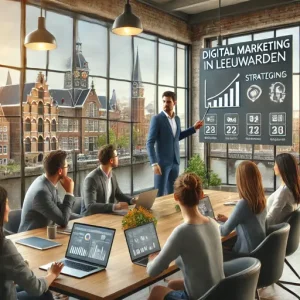 Workshop Digitale Marketing Bij Een Online Marketing Bureau Leeuwarden. De Scène Toont Een Trainer Die Strategieën Uitlegt Op Een La