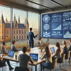 Workshop Digitale Marketing Bij Een Online Marketingbureau Apeldoorn. De Scène Toont Een Trainer Die Strategieën Uitlegt Op Een Lar